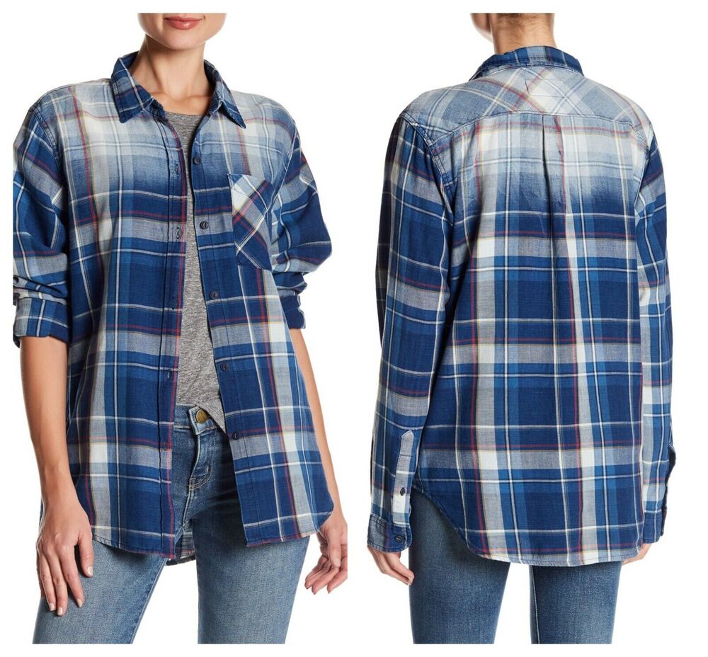 Current/Elliott Women's Plaid Boyfriend Shirt Blue Plaid Size 0